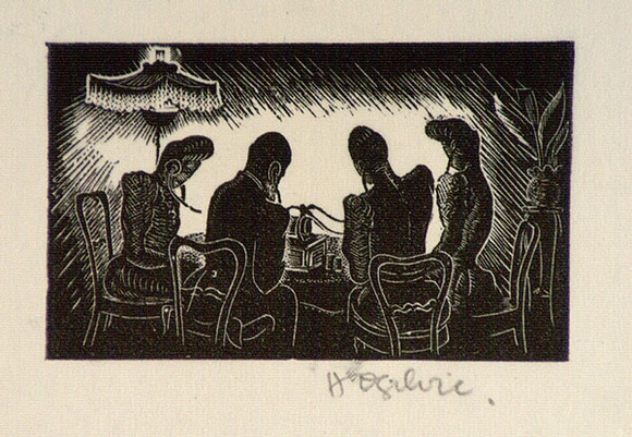 Artist: b'OGILVIE, Helen' | Title: b'not titled [Four people listening to a phonograph - a wood engraving used for an illustration on Page 16 of Flinders Lane, Re' | Date: (1947) | Technique: b'wood-engraving, printed in black ink, from one block'