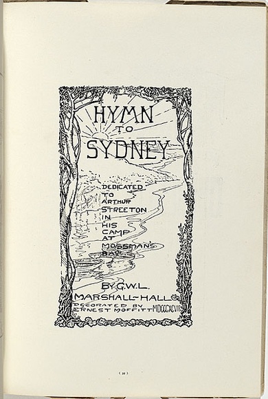 Artist: b'Moffitt, Ernest.' | Title: b'Hymn to Sydney.' | Date: 1899 | Technique: b'reproduction of line drawing, printed in black ink, from one plate' | Copyright: b'Courtesy of the National Library of Australia'