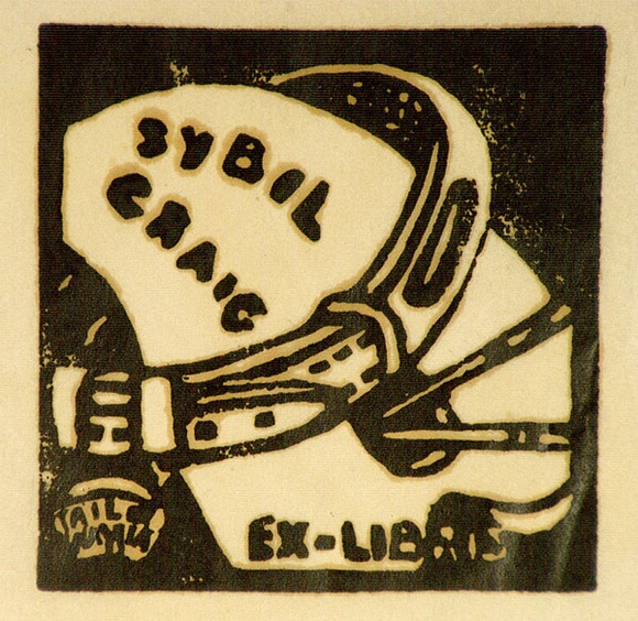 Artist: b'Craig, Sybil.' | Title: b'Bookplate: Sybil Craig (tail wagger).' | Technique: b'linocut, printed in black ink, from one block'