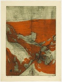 Title: Huia | Date: 1970 | Technique: wood-engraving, printed in black ink, 9 bamboo blocks on one plate; aquatint etching, printed in orange ink from one plate