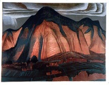 Artist: b'GRIFFIN, Murray' | Title: b'Burning mountain' | Date: 1966 | Technique: b'linocut, printed in colour, from multiple blocks'
