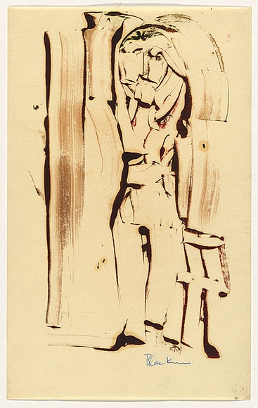 Artist: b'Blackman, Charles.' | Title: b'Figure in doorway.' | Date: 1953 | Technique: b'monotype, printed in colour, from one plate'