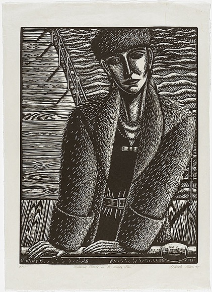 Artist: b'Klein, Deborah.' | Title: b'Mildred Pierce on St Kilda Pier' | Date: 1995 | Technique: b'linocut, printed in black ink, from one block.'