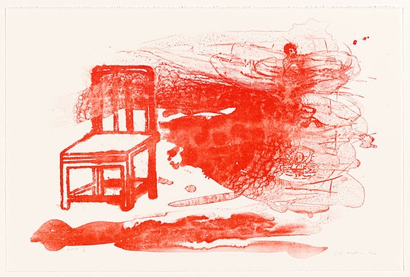 Artist: b'MARTIN, Claire' | Title: b'Pool (red lithograph with chair and screaming child)' | Date: 1994, September | Technique: b'lithograph, printed in red ink, from one stone'