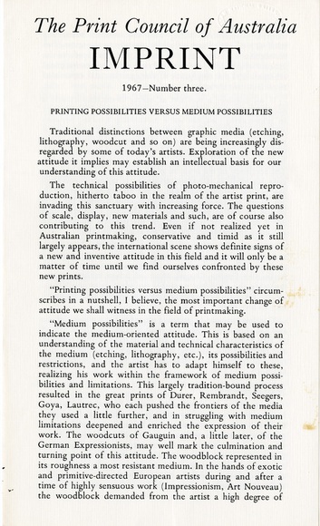 Artist: b'PRINT COUNCIL OF AUSTRALIA' | Title: b'Periodical | Imprint. Melbourne: Print Council of Australia, vol. 02, no. 3,  1967' | Date: 1967