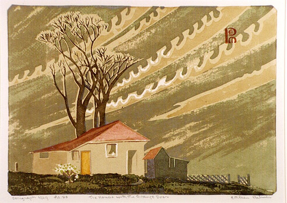 Artist: b'Palmer, Ethleen.' | Title: b'The house with the orange door' | Date: 1949 | Technique: b'screenprint, printed in colour, from multiple stencils'