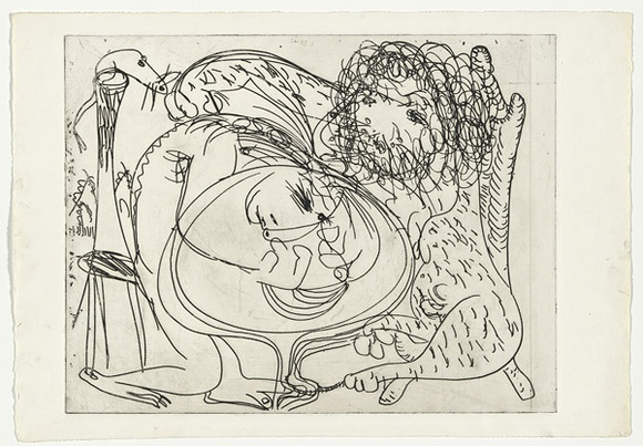 Artist: b'BOYD, Arthur' | Title: b'Seated lion and potter.' | Date: (1968-69) | Technique: b'etching, printed in black ink, from one plate' | Copyright: b'Reproduced with permission of Bundanon Trust'