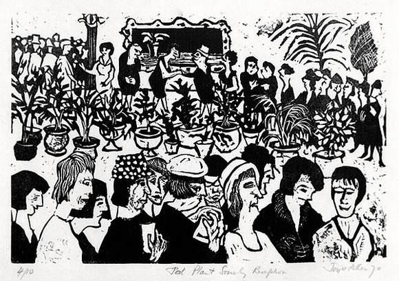 Artist: b'Allen, Joyce.' | Title: b'Pot Plant Society reception.' | Date: 1970 | Technique: b'linocut, printed in black ink, from one block'