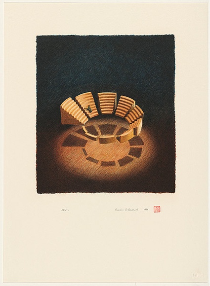 Artist: b'Valamanesh, Hossein.' | Title: b'not titled [figure sitting on floating amphitheatre]' | Date: 1996, October | Technique: b'lithograph, printed in colour, from multiple stones'