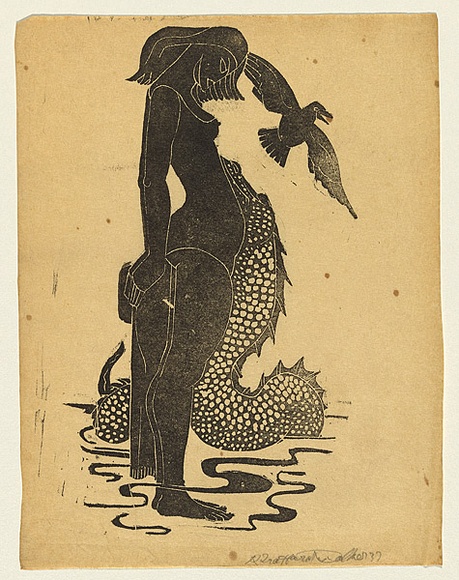 Artist: b'Walker, Ralph Trafford.' | Title: b'(Woman, bird and sea-serpent)' | Date: 1937 | Technique: b'linocut, printed in black ink, from one block'