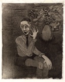 Artist: b'Barwell, Jennifer.' | Title: b'(Seated young man with flowers).' | Date: (1955) | Technique: b'drypoint and aquatint printed in brown ink from one  plate'