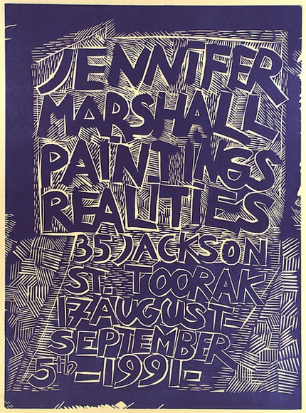 Artist: b'Marshall, Jennifer.' | Title: b'Jennifer Marshall paintings realities. 35 Jackson St Toorak, 17 August -  September 5th 1991' | Date: 1991 | Technique: b'linocut, printed in purple ink, from one block'