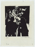 Artist: b'AMOR, Rick' | Title: b'[telling stories around a campfire]' | Date: 1984 | Technique: b'linocut, printed in black ink, from one plate' | Copyright: b'\xc2\xa9 Rick Amor. Licensed by VISCOPY, Australia.'