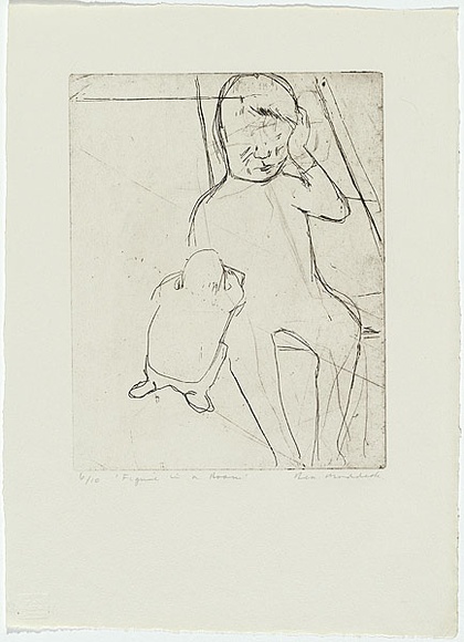 Artist: b'MADDOCK, Bea' | Title: b'Journey IV: Figure in a room' | Date: 1966 | Technique: b'etching and drypoint, printed in black ink with plate-tone, from one copper plate'