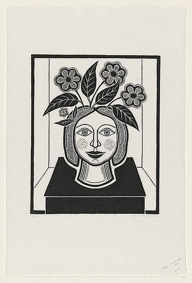 Artist: b'Groblicka, Lidia.' | Title: b'The flower hat' | Date: 1973 | Technique: b'woodcut, printed in black ink, from one block; touched with white gouache'