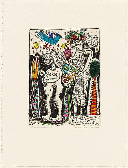 Artist: b'HANRAHAN, Barbara' | Title: b'Meeting with a snake' | Date: 1990 | Technique: b'etching, printed in black ink with plate-tone, from one plate, hand-coloured'