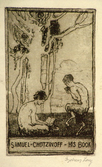 Artist: b'LONG, Sydney' | Title: b'Bookplate: Samuel Chotzinoff' | Date: 1921 | Technique: b'line-etching, printed with plate-tone in dark brown, from one copper plate' | Copyright: b'Reproduced with the kind permission of the Ophthalmic Research Institute of Australia'