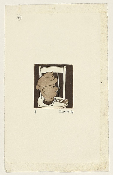 Title: bnot titled [man's head on stool wearing tie and hat] | Date: 1978 | Technique: b'etching and aquatint, printed in black ink, from one plate'