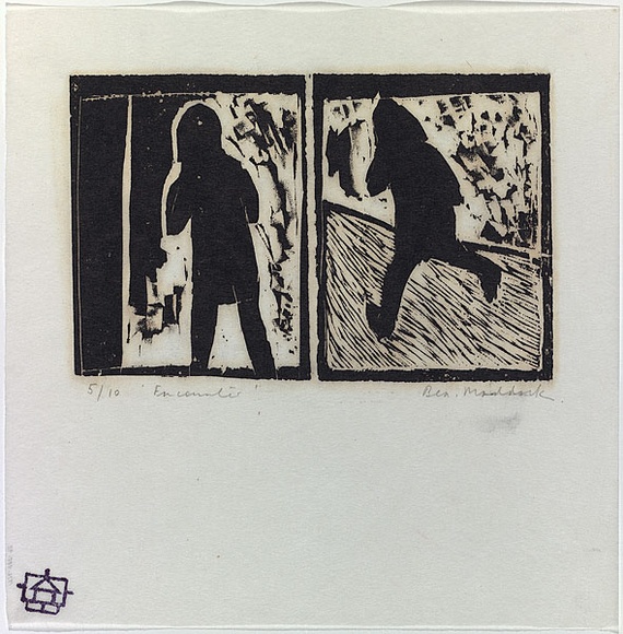 Artist: b'MADDOCK, Bea' | Title: b'Encounter' | Date: 1966 | Technique: b'woodcut, printed in black ink by hand burnishing, from two abutted pine blocks'