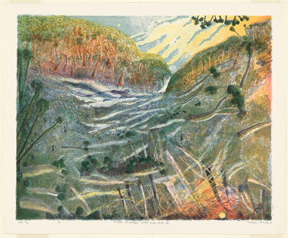 Artist: b'Robinson, William.' | Title: b'Creation landscape - water and land III (valley)' | Date: 1991 | Technique: b'lithograph, printed in colour ink, from nine stones'