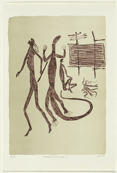 Artist: Wainburranga, Paddy. | Title: Balangjalangalan IV | Date: 1991 | Technique: lithograph, printed in black ink, from one stone [or plate] | Copyright: © Gela Nga-Mirraitja Fordham. Licensed by VISCOPY, Australia.