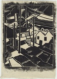 Artist: b'Weitzel, Frank.' | Title: b'Slum Street.' | Date: c.1929 | Technique: b'linocut, printed in black ink, from one block'