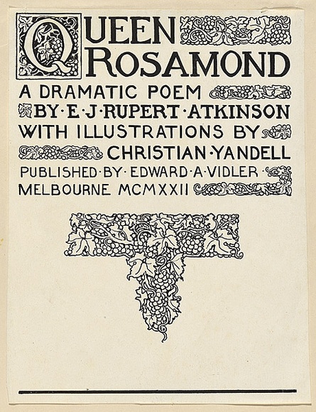 Title: title page proof for Queen Rosamond | Date: 1922 | Technique: lineblock, printed in black ink, from one block