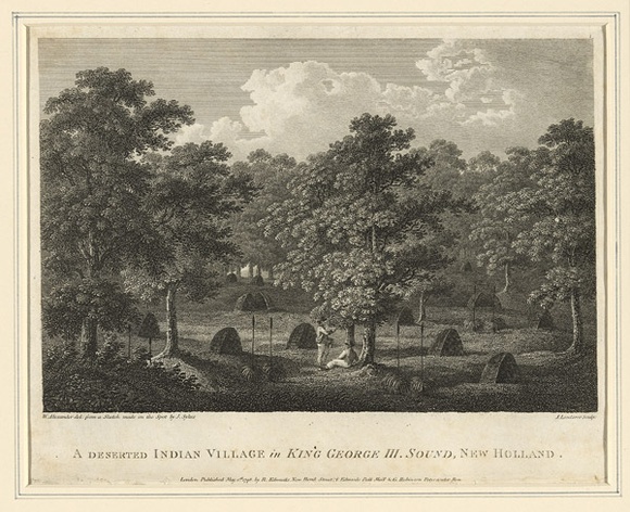 Title: b'A deserted Indian village in King George III Sound, New Holland.' | Date: 1798 | Technique: b'engraving, printed in black ink, from one copper plate'