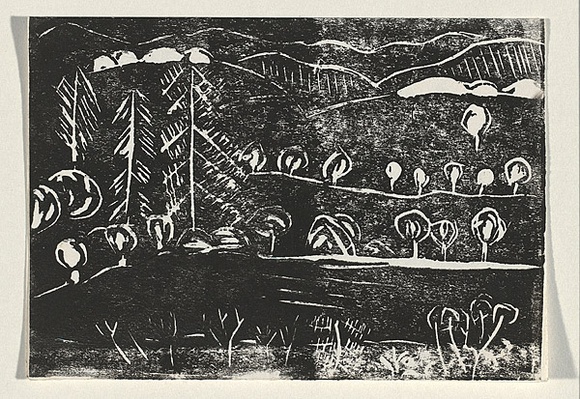 Title: b'Card: [landscape with pine trees]' | Technique: b'linocut, printed in black ink, from one block'