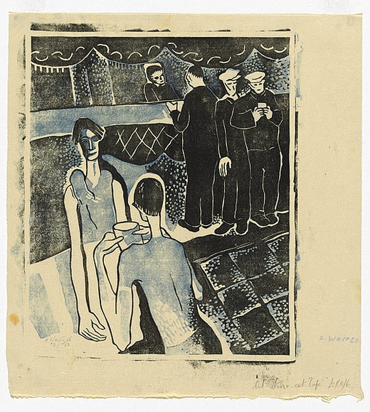 Artist: b'Weitzel, Frank.' | Title: b'Cafe' | Date: c.1930 | Technique: b'linocut, printed in colour, from multiple blocks'