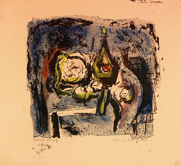 Artist: b'MACQUEEN, Mary' | Title: b'Still life with green bottle' | Date: 1958 | Technique: b'lithograph, printed in black ink, from one plate; hand-coloured' | Copyright: b'Courtesy Paulette Calhoun, for the estate of Mary Macqueen'