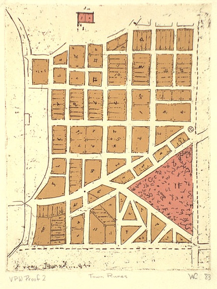 Artist: b'Catling, Wendy.' | Title: b'Town runes' | Date: 1983 | Technique: b'etching, printed in colour, from three plates'