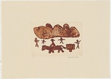 Artist: PURDIE, Shirley | Title: not titled [Cowboy on horse with cart, Aboriginal man with spear] | Date: 1999, June | Technique: sugarlift, lump rosin and aquatint, printed in red ochre ink, from one plate