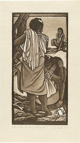 Artist: b'White, Robin.' | Title: b'Tera al Kam Karaoia?' | Date: 1995 | Technique: b'woodcut, printed in sepia ink, from two blocks'