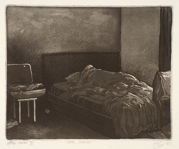 Artist: b'Walsh, Peter.' | Title: b'Hotel, Sydney' | Date: 1985 | Technique: b'etching and aquatint, printed in sepia ink (with small amount of black ink added), from one plate'