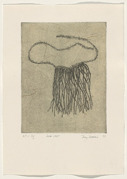 Artist: b'Watson, Judy.' | Title: b'hair skirt' | Date: 1999, November/December | Technique: b'etching, printed in brown ink, from one plate' | Copyright: b'\xc2\xa9 Judy Watson. Licensed by VISCOPY, Australia'