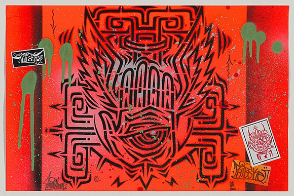 Artist: b'PHIBS,' | Title: b'Hand (on orange).' | Date: 2004 | Technique: b'stencil, printed in black ink, from one stencil; texta marker; paint; stickers'