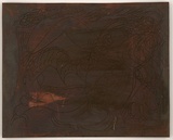 Artist: BOYD, Arthur | Title: Plate 43: Weeping figure with couch and smoking chimney. | Date: (1968-69) | Technique: etched plate | Copyright: This work appears on screen courtesy of Bundanon Trust