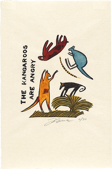 Artist: b'Sparke, Franki.' | Title: b'The kangaroos are angry' | Technique: b'stamped-print, printed in black, from one rubber block: hand-coloured' | Copyright: b'\xc2\xa9 Franki Sparke'