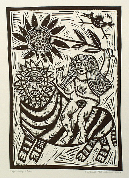 Artist: b'HANRAHAN, Barbara' | Title: b'Tiger lady.' | Date: 1989 | Technique: b'linocut, printed in black ink, from one block'