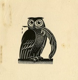 Artist: Jordan, Allan. | Title: not titled [Owl holding Quill]. | Date: c.1940 | Technique: wood-engraving, printed in black ink, from one block