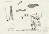 Artist: Weedenberg, Patricia. | Title: Golly Mabel, they're putting on a fireworks display. (Cartoon for the proposed Omega navigation base at Woodside, Gippsland | Date: (1977) | Technique: pencil
