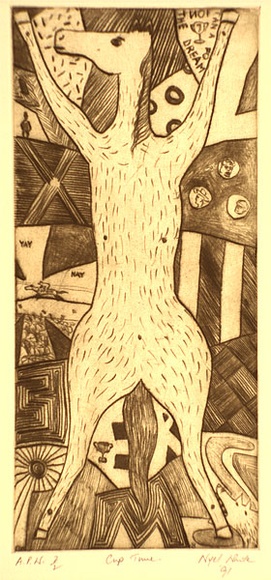 Artist: b'White, Nigel.' | Title: b'Cup time' | Date: 1991 | Technique: b'drypoint, printed in sepia ink, from one plate'