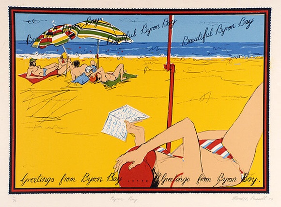 Artist: b'Russell, Meredith.' | Title: b'Greetings from Byron Bay.' | Date: 1979 | Technique: b'screenprint'