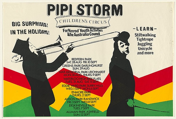 Artist: b'EARTHWORKS POSTER COLLECTIVE' | Title: bPipi Storm: Children's Circus | Date: 1976 | Technique: b'screenprint, printed in colour, from four stencils'