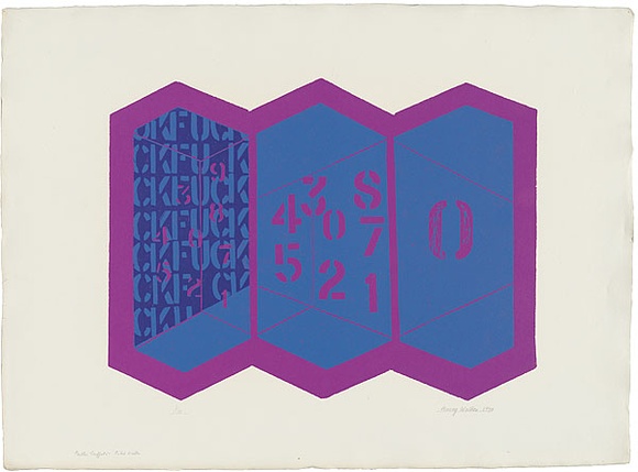 Artist: b'WALKER, Murray' | Title: b'Public graffiti - tiled walls.' | Date: 1970 | Technique: b'linocut, printed in colour, from multiple blocks'