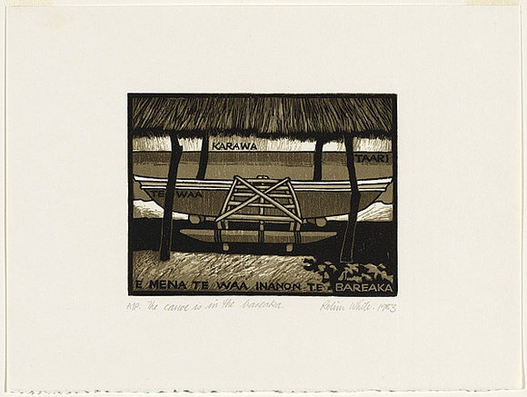 Artist: b'White, Robin.' | Title: b'The canoe is in the bareaka' | Date: 1983 | Technique: b'woodcut, printed in colour, from four blocks (black and three brown inks)'