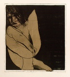 Artist: b'BALDESSIN, George' | Title: b'Seated figure.' | Date: 1973 | Technique: b'etching and aquatint, printed in black ink, from one plate; over stencil, printed in colour, from two stencils.'