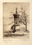 Artist: b'Baldwinson, Arthur.' | Title: b'Belcher Fountain, Geelong.' | Date: 1928 | Technique: b'etching, printed with plate-tone in dark brown ink, from one  plate'