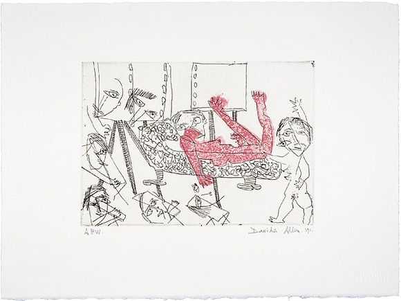 Artist: b'Allen, Davida' | Title: b'The model art teacher' | Date: 1991, July - September | Technique: b'etching, printed in black ink, from one plate; hand-coloured'
